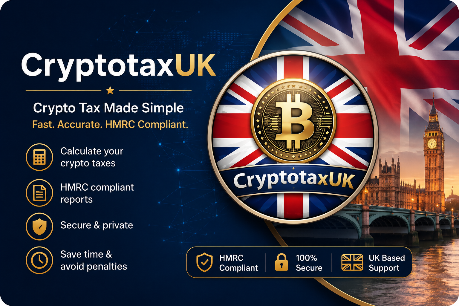 CryptotaxUK banner: calculate your crypto taxes, HMRC compliant reports, secure and private, save time and avoid penalties